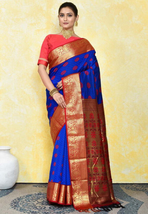 Navy Blue Color Latest Soft Banarasi Silk Saree with Red Color Blouse –  shalenafamily
