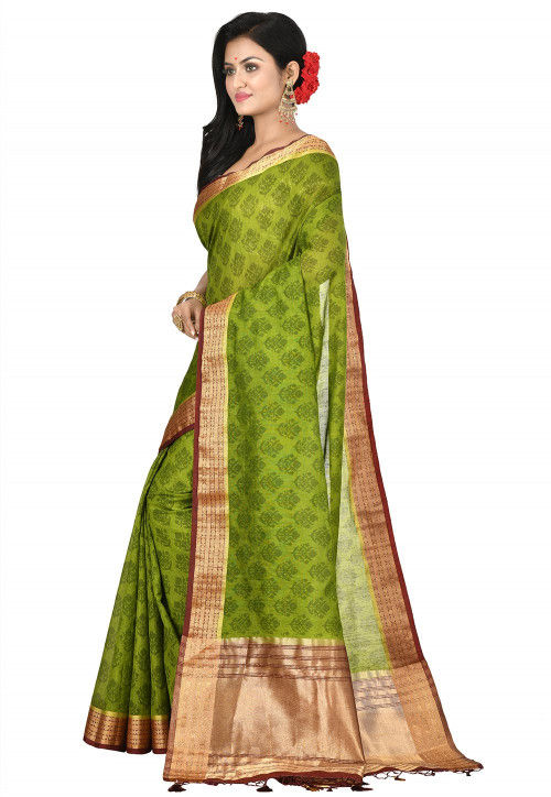 Kanchipuram Silk Printed Saree in Olive Green : SBRA2200
