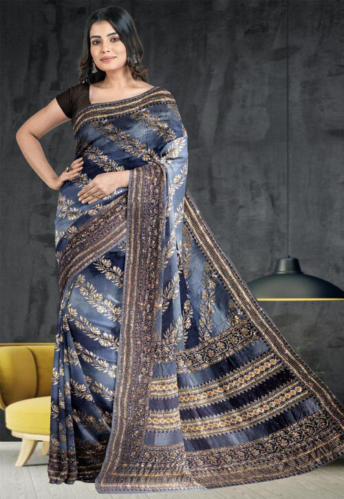 Anchor Grey Soft Banarasi Silk Saree with overall Butti – Ethnos