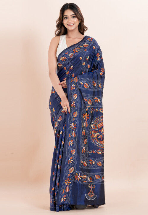 Kantha Art Silk Saree in Navy Blue