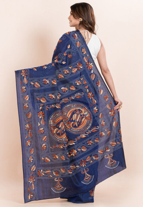 Kantha Art Silk Saree in Navy Blue