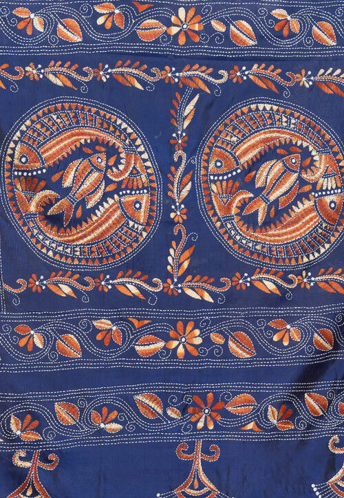 Kantha Art Silk Saree in Navy Blue