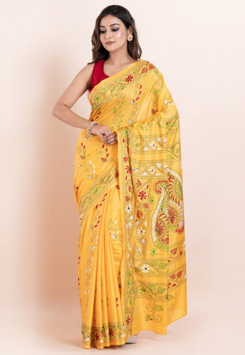Kantha Art Silk Saree in Yellow