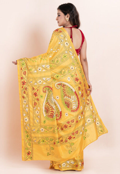 Kantha Art Silk Saree in Yellow