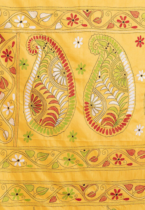Kantha Art Silk Saree in Yellow