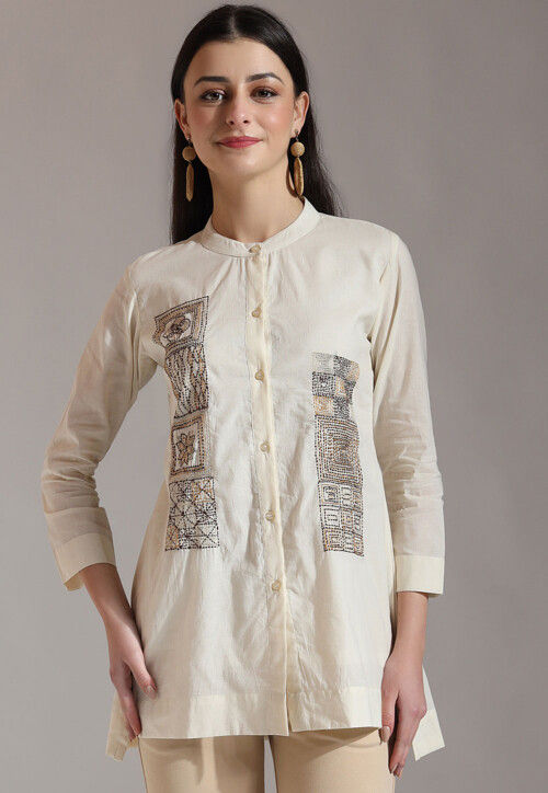 Kantha Embroidered Pure Cotton Shirt in Cream