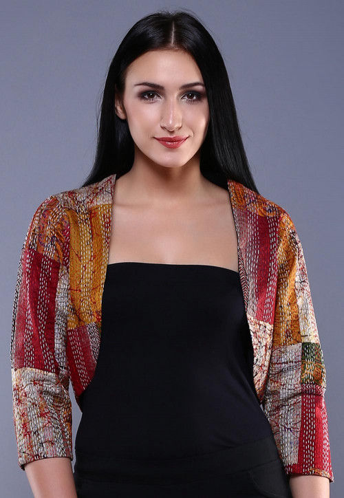 Kantha Embroidered Pure Silk Jacket in Multicolor
