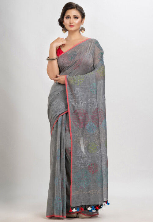 Kantha Pure Cotton Saree in Grey
