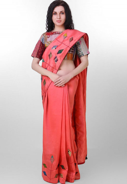 Kantha Pure Dupion Silk Saree in Dark Peach