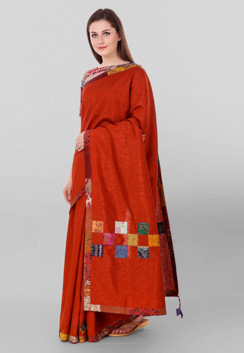 Kantha Pure Dupion Silk Saree in Dark Rust