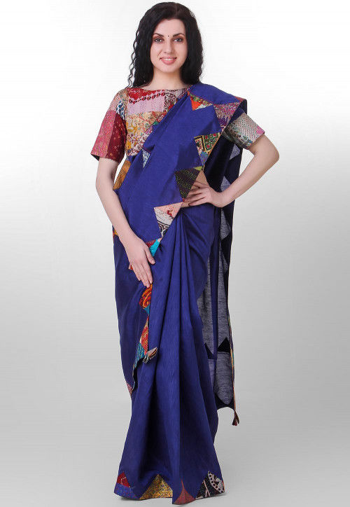 Kantha Pure Dupion Silk Saree in Navy Blue