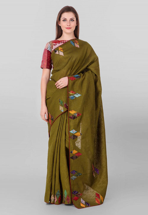 Kantha Pure Dupion Silk Saree in Olive Green