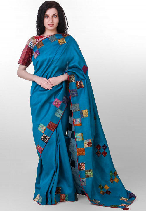 Kantha Pure Dupion Silk Saree in Teal Blue