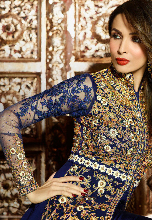 Embroidered Abaya Style Front Slit Georgette Suit in Navy Blue