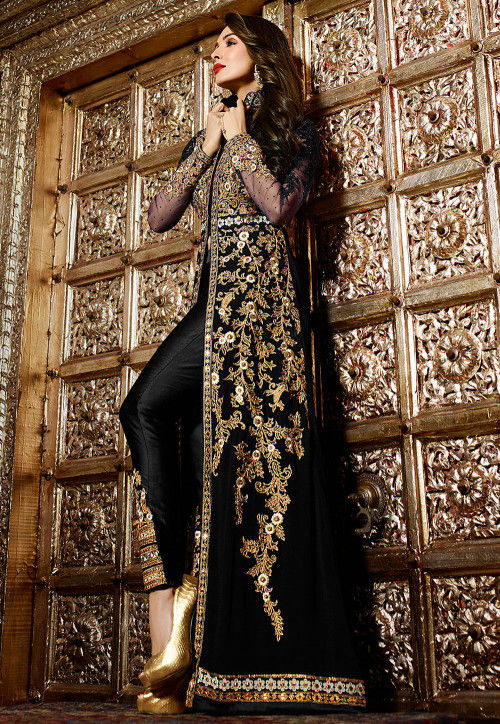 Embroidered Georgette Jacket Style Abaya Suit in Black