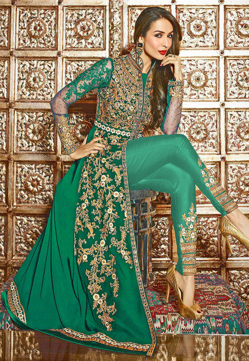 Embroidered Georgette Jacket Style Abaya Suit in Teal Green
