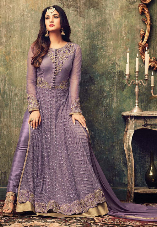 Buy Embroidered Net Abaya Style Suit in Lilac Online : KCH628 - Utsav ...