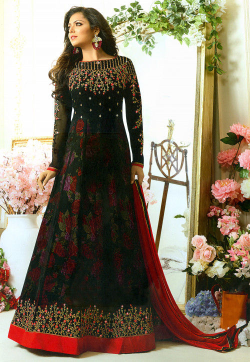Embroidered Georgette Abaya Style Suit in Black : KCH886