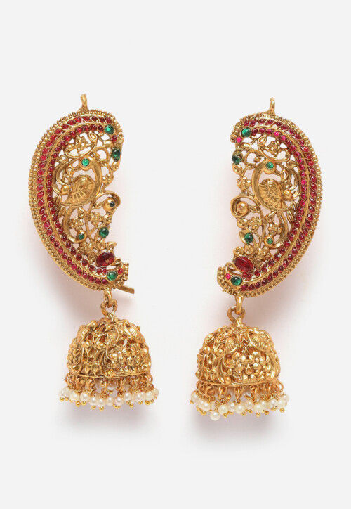 Designer Handmade Gold Plated Blue Color Kemp Stones With Pearl Droppings  Floral Design Jhumka Earring By Nishna Designs