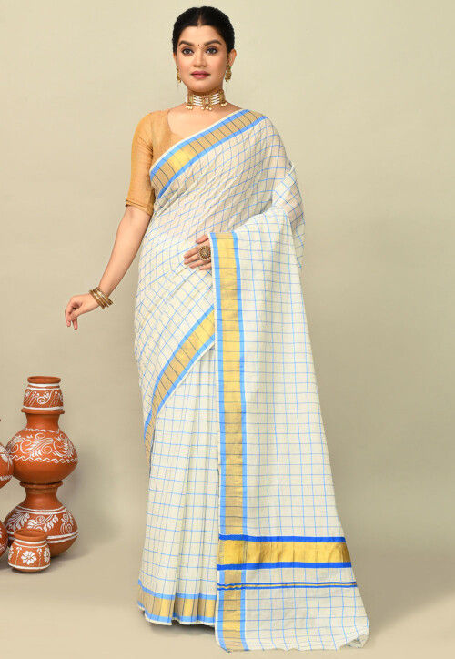 Kerala Kasavu Pure Cotton Saree in Off White