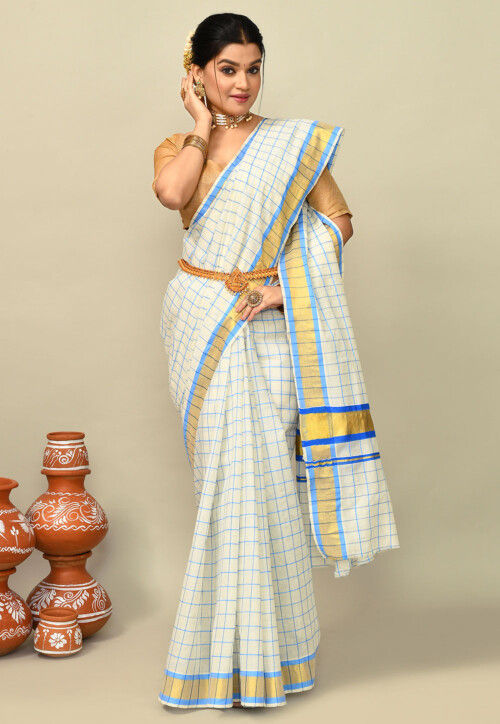 Kerala Kasavu Pure Cotton Saree in Off White
