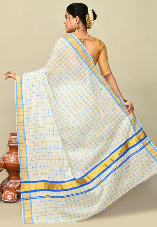 Kerala Kasavu Pure Cotton Saree in Off White