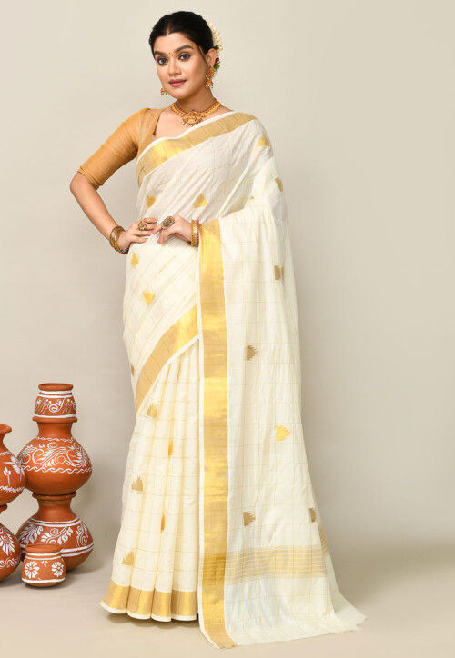 Kerala Kasavu Pure Cotton Saree in Off White
