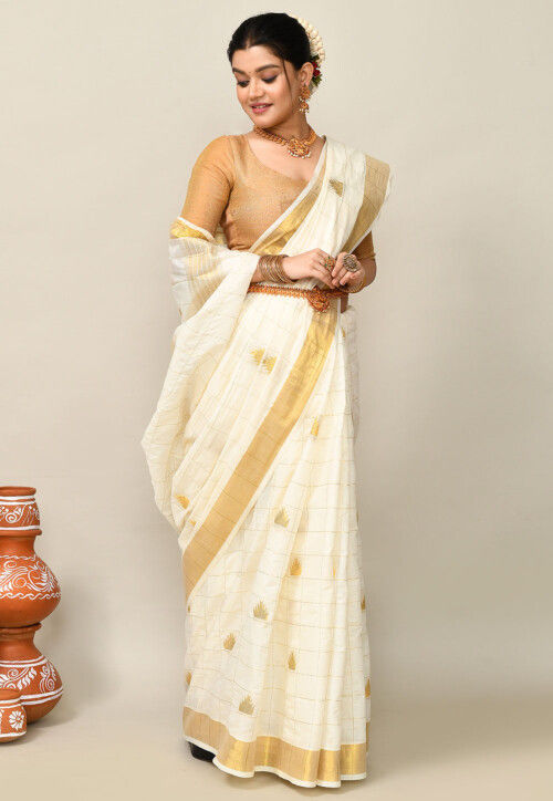 Kerala Kasavu Pure Cotton Saree in Off White
