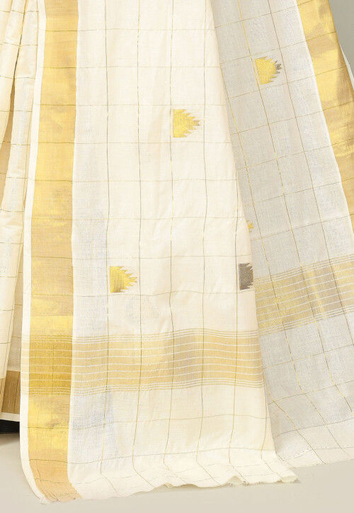 Kerala Kasavu Pure Cotton Saree in Off White