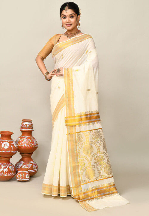 Kerala Kasavu Pure Cotton Saree in Off White