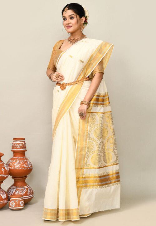 Kerala Kasavu Pure Cotton Saree in Off White