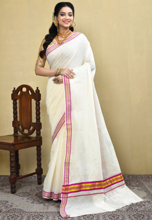 Southloom™ Handloom Kasavu Saree with Golden Kasavu Stripes on Body –  Southloom Handmade and Organics