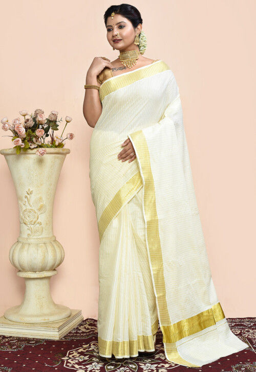 Kerela Kasavu Pure Cotton Saree in Off White