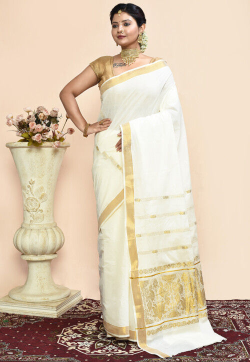 Buy Kerela Kasavu Pure Cotton Saree in Off White Online SPN6817 Utsav Fashion