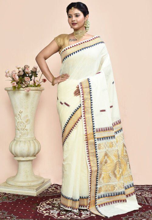 Kerela Kasavu Pure Cotton Saree in Off White
