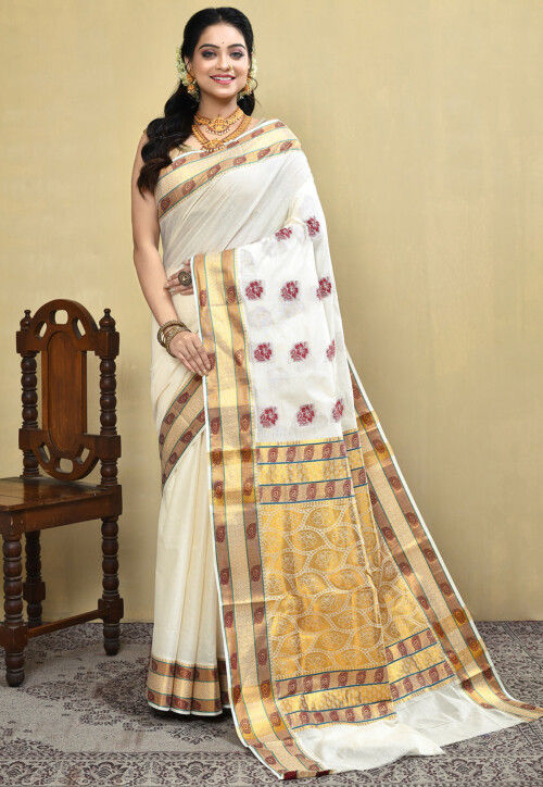 Teejh Ariata Golden Kerala Tissue Kasavu saree