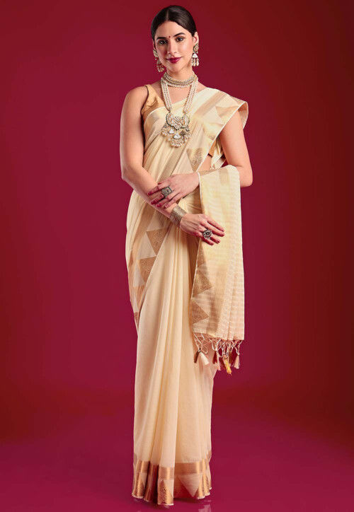 Cream and Black color Chiffon sarees with allover zari woven jacq lining  design -CHIF0001627