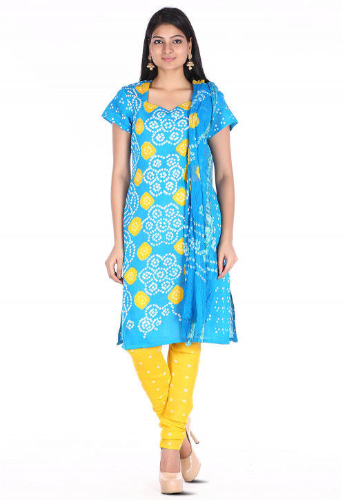 Bandhej Cotton Straight Suit in Sky Blue