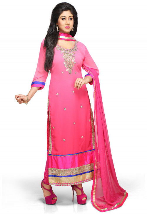 Embroidered Straight Cut Suit in Shaded Pink