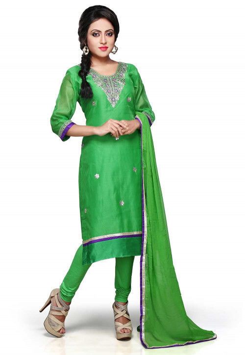 Gota Patti Embroidered Chanderi Silk Straight Cut Suit in Green