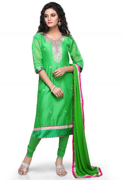 Gota Patti Embroidered Chanderi Silk Straight Cut Suit in Green