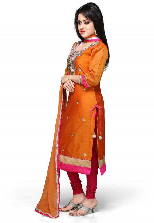 Gota Patti Embroidered Straight Cut Suit in Orange