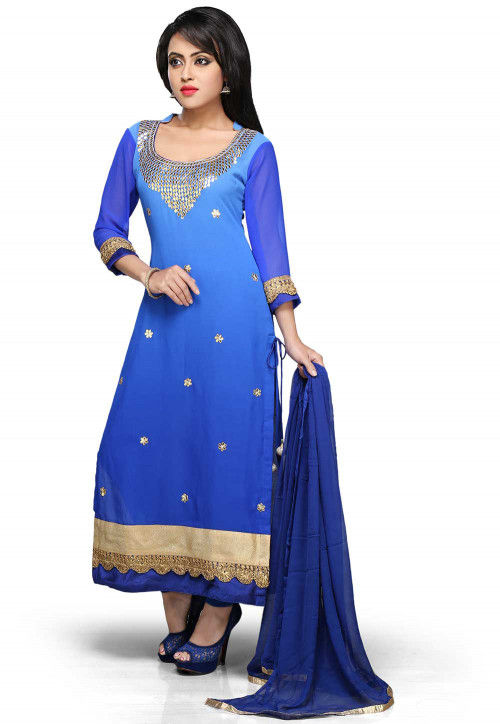 Embroidered Straight Cut Suit in Blue