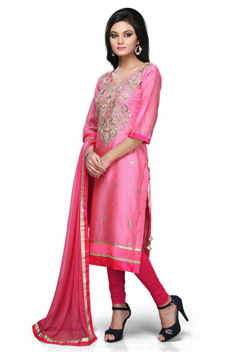 Embroidered Chanderi Cotton Straight Cut Suit In Pink