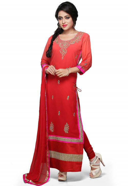 Embroidered Straight Cut Suit In Shaded Red