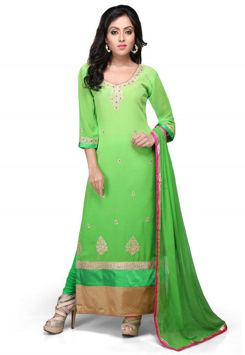 Embroidered Straight Cut Georgette Suit In Green
