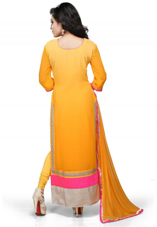 Embroidered Straight Cut Georgette Suit In Mustard