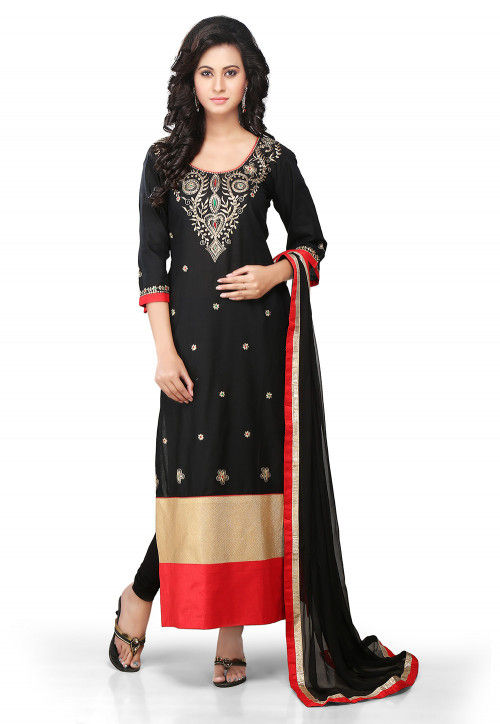 Embroidered Cotton Straight Cut Suit in Black