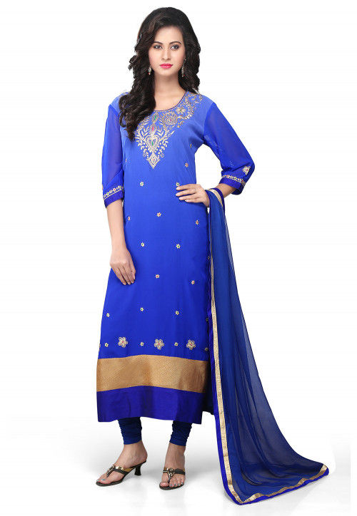 Embroidered Straight Cut Suit in Shaded Blue