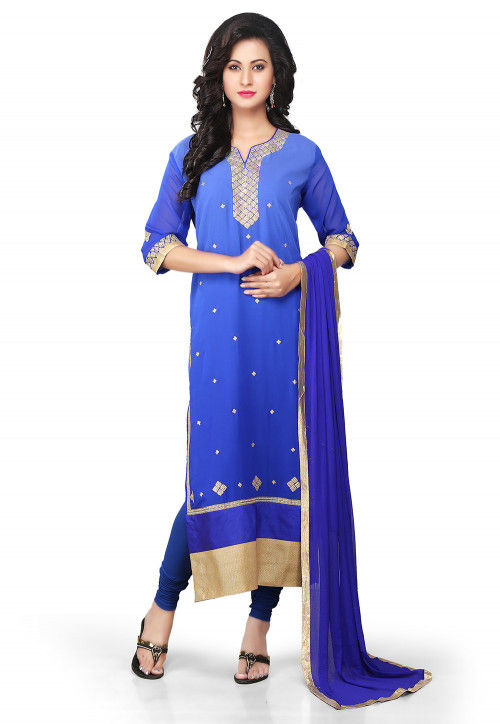 Embroidered Straight Cut Suit in Shaded Blue